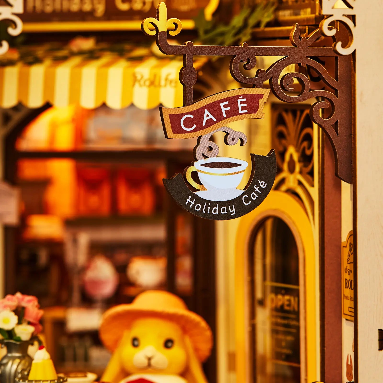 Het uithangbord van het café in de Robotime Holiday Café