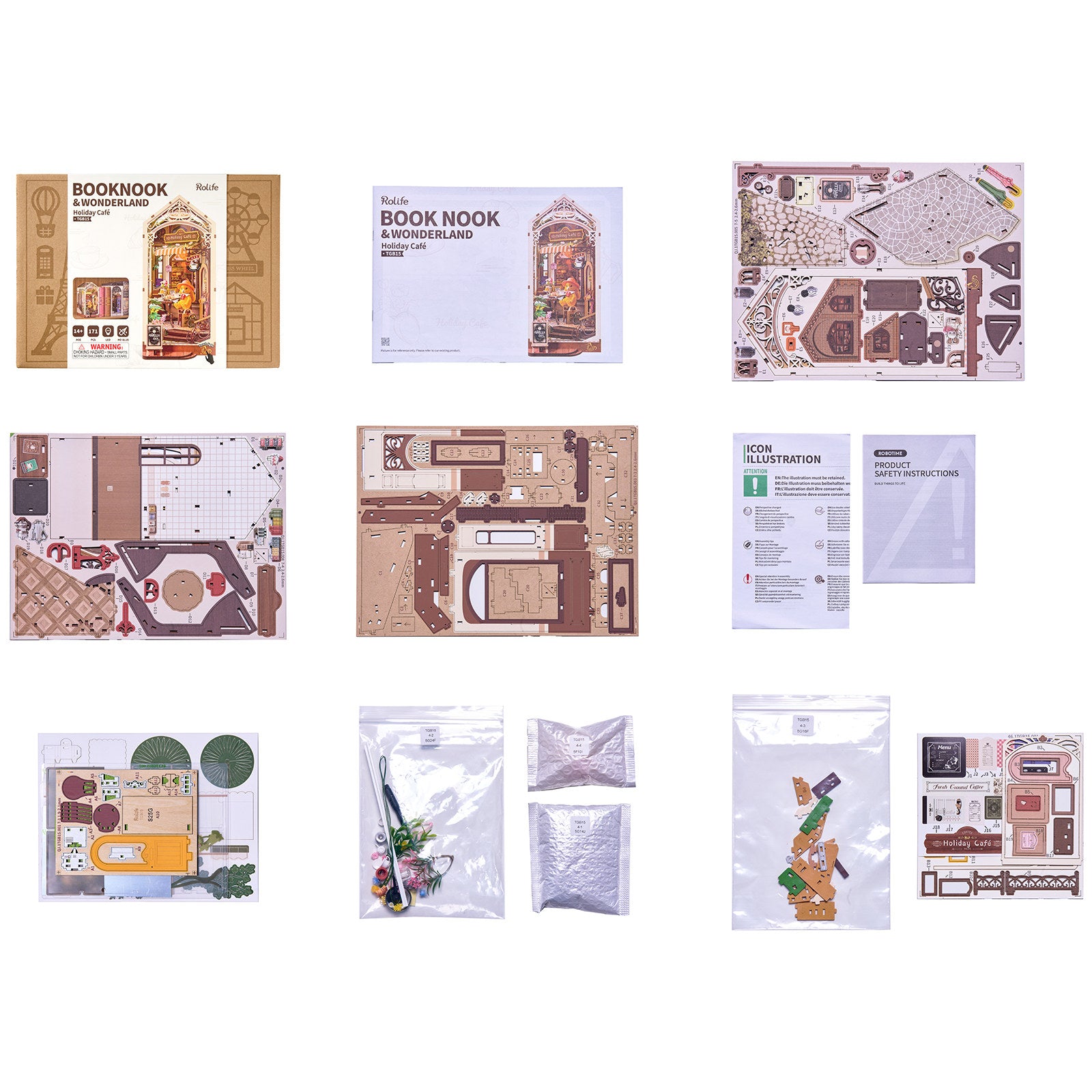 Verpakkingsinhoud van de Robotime Holiday Café, book nook houten bouwpakket van een terrasje bij een overdekt café