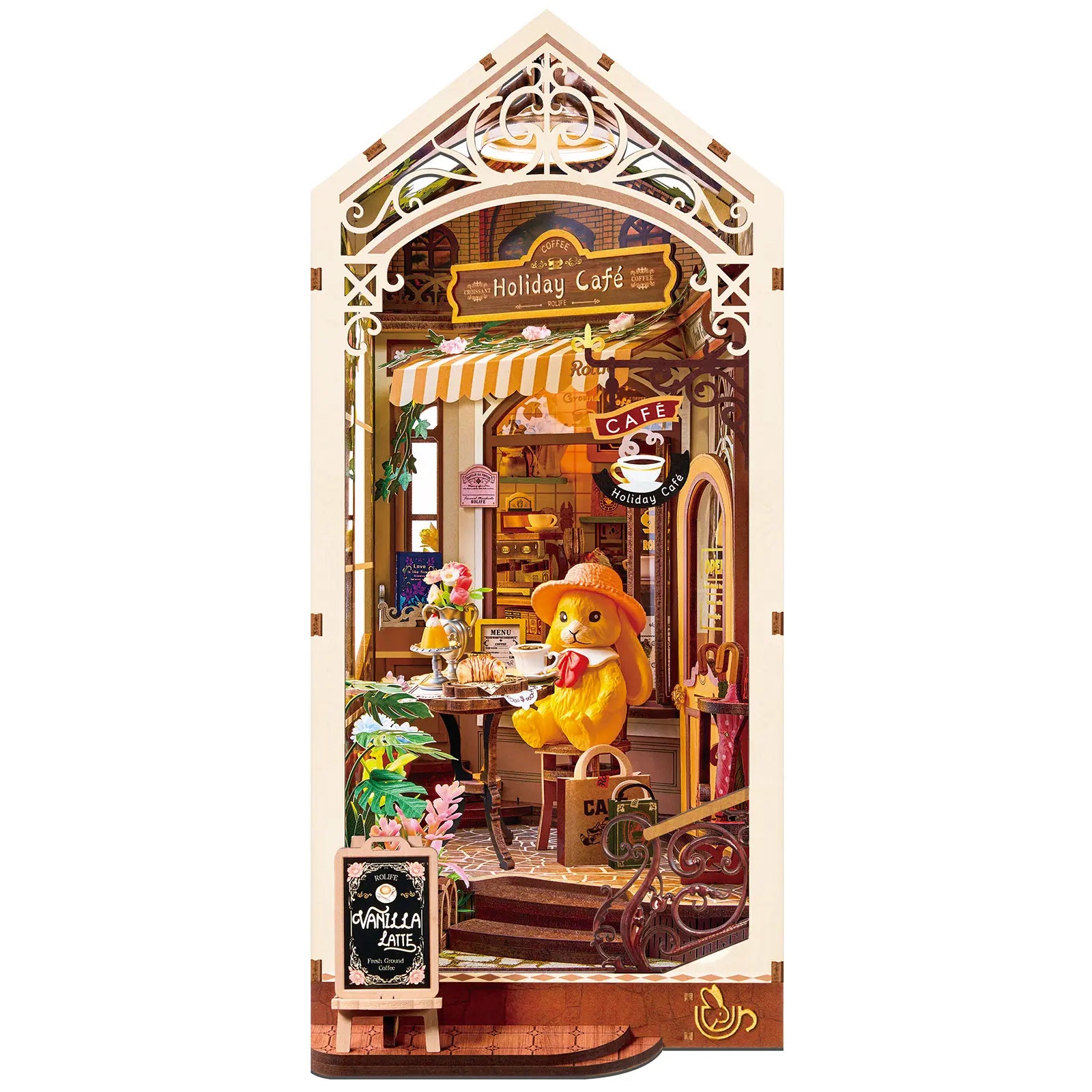 Productfoto van de Robotime Holiday Café, book nook houten bouwpakket van een terrasje bij een overdekt café