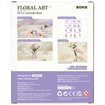 Achterkant verpakking van de Robotime Lavender Rose, kunststof bouwpakket van een paarse roos