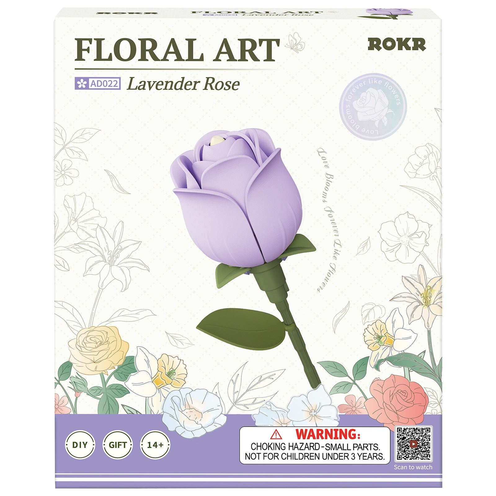 Voorkant verpakking van de Robotime Lavender Rose, kunststof bouwpakket van een paarse roos