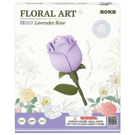 Voorkant verpakking van de Robotime Lavender Rose, kunststof bouwpakket van een paarse roos