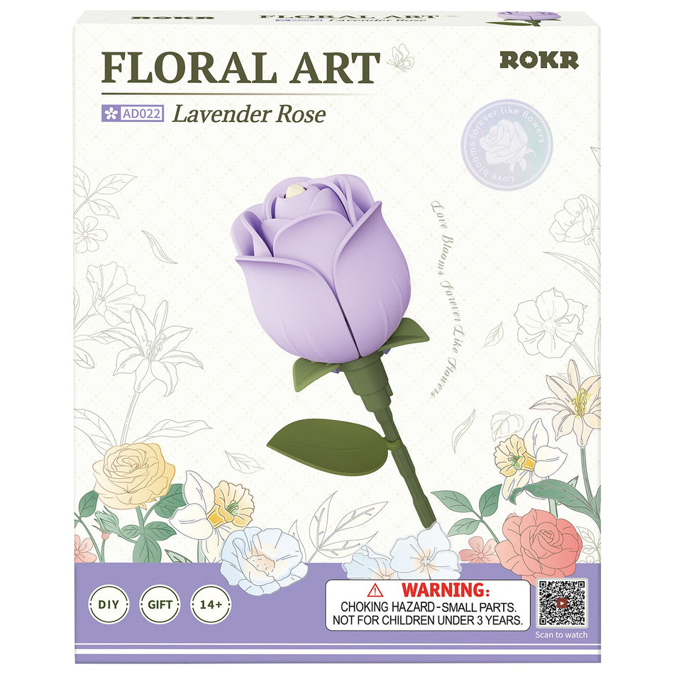 Voorkant verpakking van de Robotime Lavender Rose, kunststof bouwpakket van een paarse roos