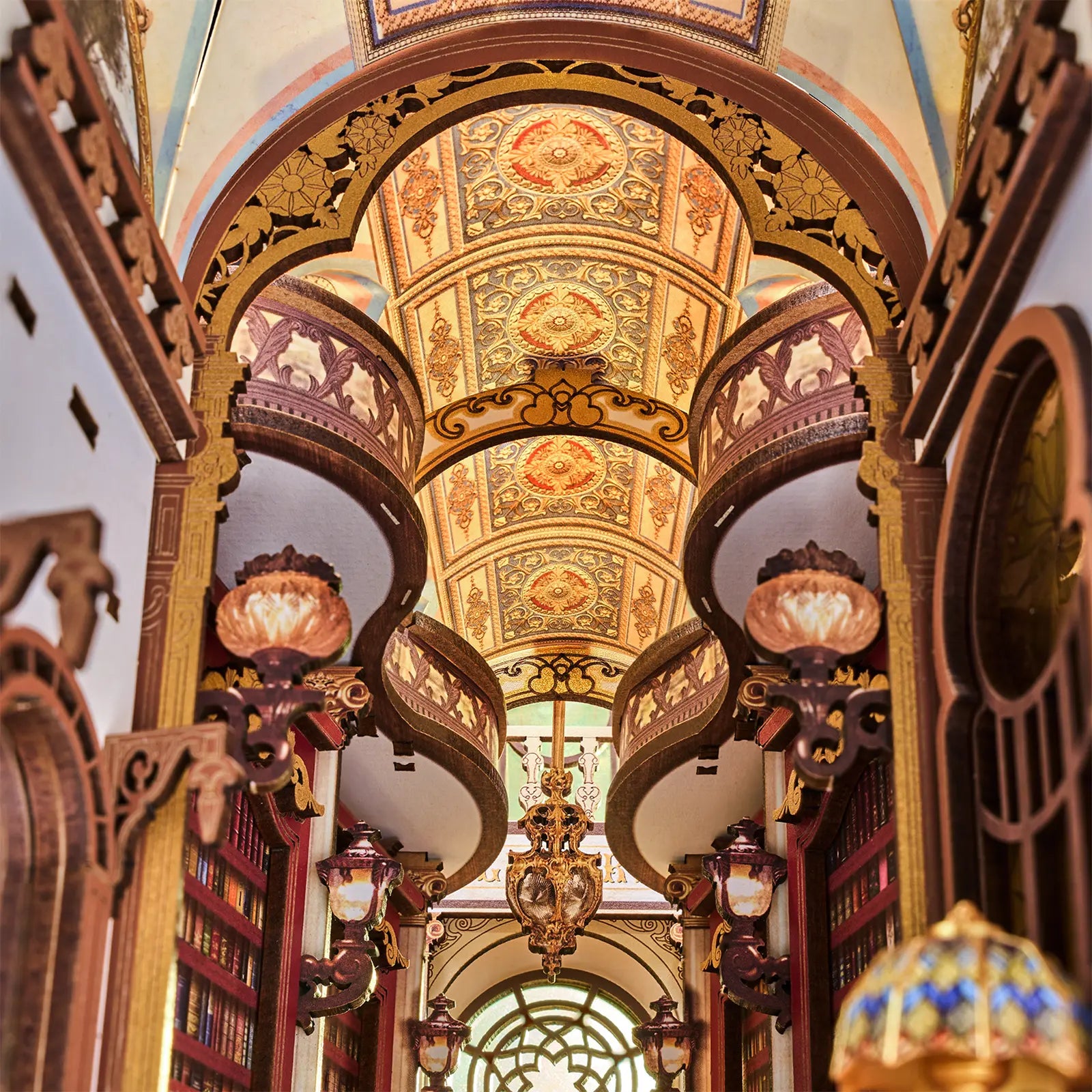 Het versierde plafond en balustrades van de Robotime Library of Wonders