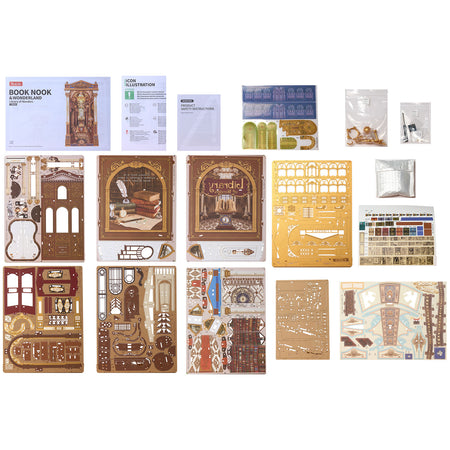 Inhoud van de verpakking van de Robotime Library of Wonders, book nook houten bouwpakket van een ouderwetse, luxueuze bibliotheek
