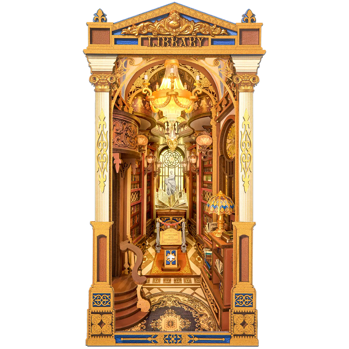 Productfoto van de Robotime Library of Wonders, book nook houten bouwpakket van een ouderwetse, luxueuze bibliotheek