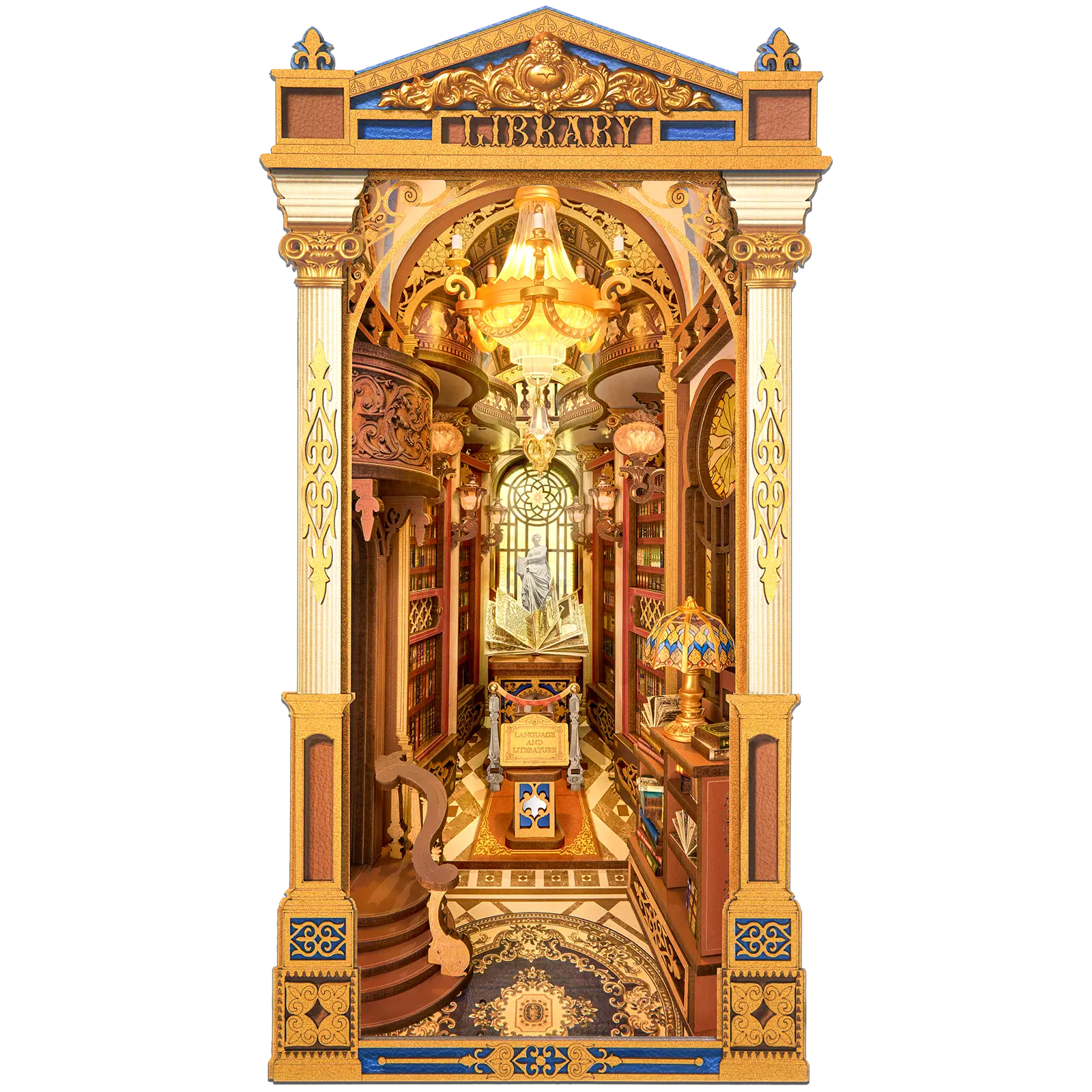 Productfoto van de Robotime Library of Wonders, book nook houten bouwpakket van een ouderwetse, luxueuze bibliotheek