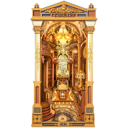 Productfoto van de Robotime Library of Wonders, book nook houten bouwpakket van een ouderwetse, luxueuze bibliotheek