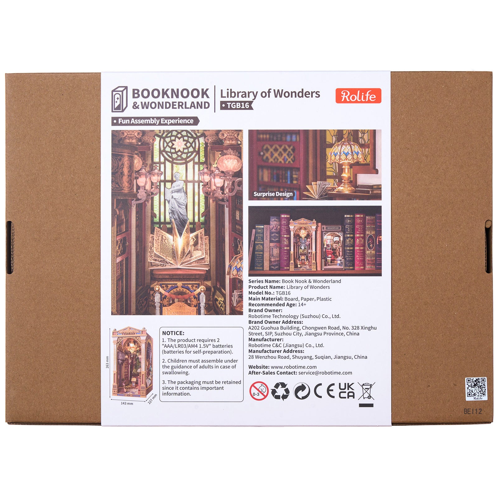 Achterkant verpakking van de Robotime Library of Wonders, book nook houten bouwpakket van een ouderwetse, luxueuze bibliotheek