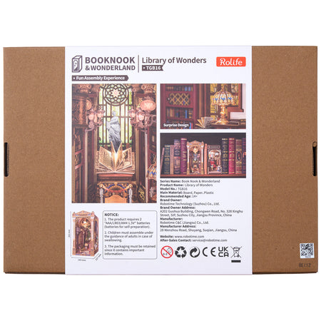 Achterkant verpakking van de Robotime Library of Wonders, book nook houten bouwpakket van een ouderwetse, luxueuze bibliotheek