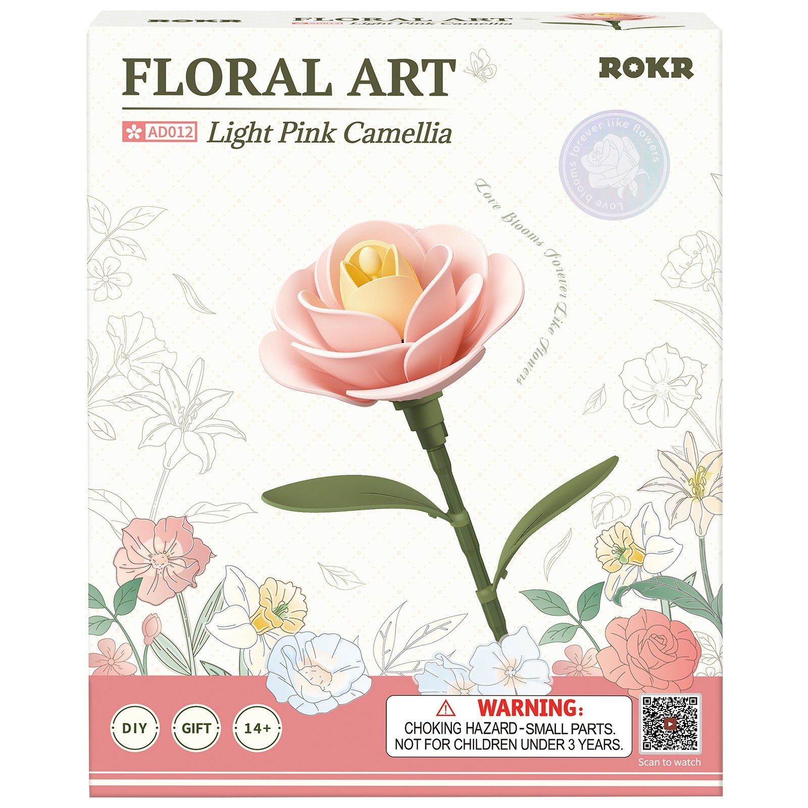 Voorkant verpakking van de Robotime Light Pink Camellia, kunststof bouwpakket van een lichtroze camellia