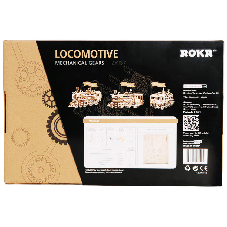 Achterkant verpakking van de Robotime Locomotive, houten modelbouw van een mechanische, rijdende stoomlocomotief