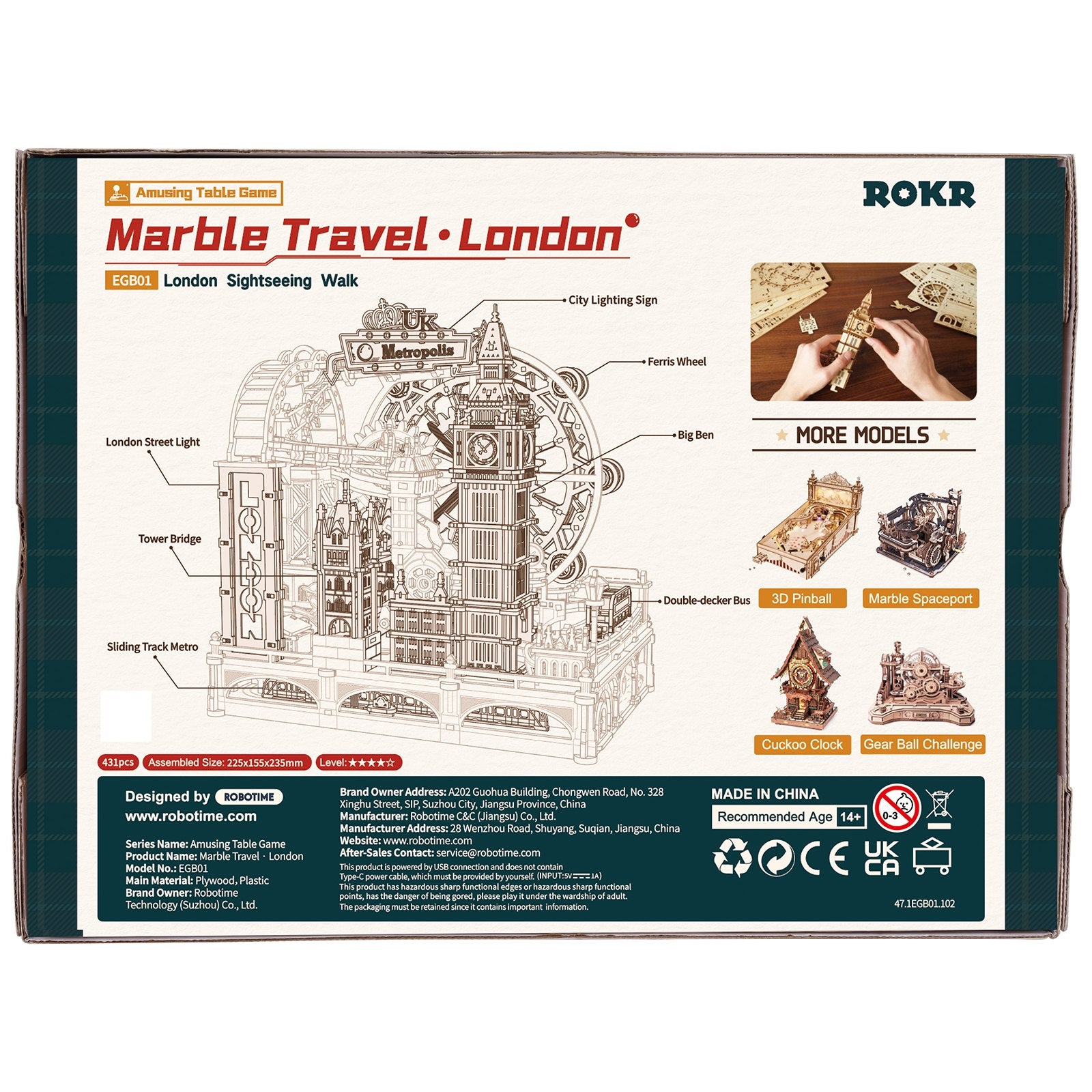 Achterkant verpakking van de Robotime London Sightseeing Walk, houten bouwpakket van een knikkerbaan met een thema van Londense bezienswaardigheden