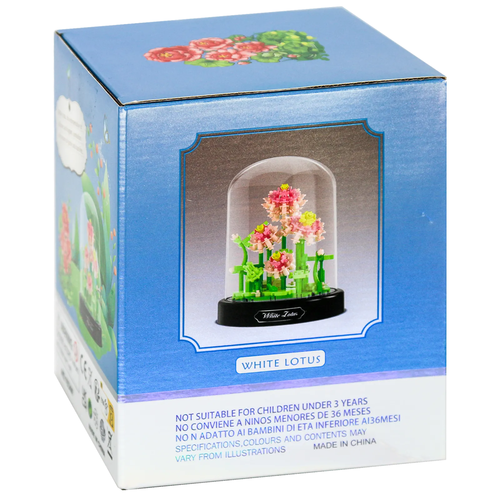 Zijkant verpakking van de Balody miniblocks lotusbloemen in stolp