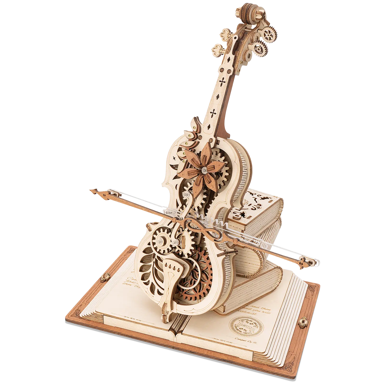 Productfoto van de Robotime Magic Cello, houten bouwpakket van een muziekdoosje in de vorm van een cello