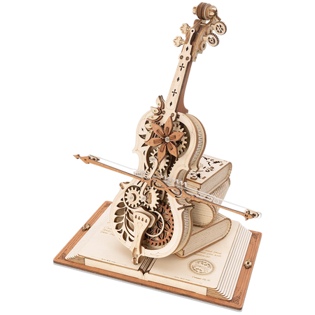 Productfoto van de Robotime Magic Cello, houten bouwpakket van een muziekdoosje in de vorm van een cello