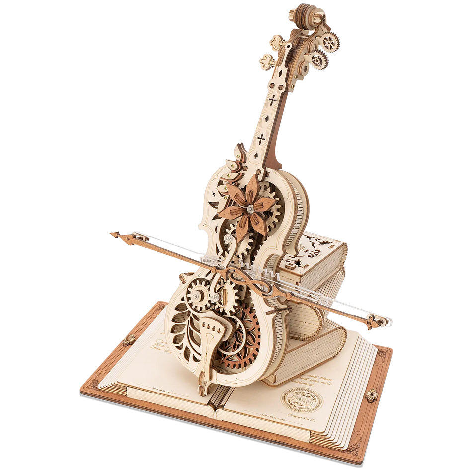 Productfoto van de Robotime Magic Cello, houten bouwpakket van een muziekdoosje in de vorm van een cello