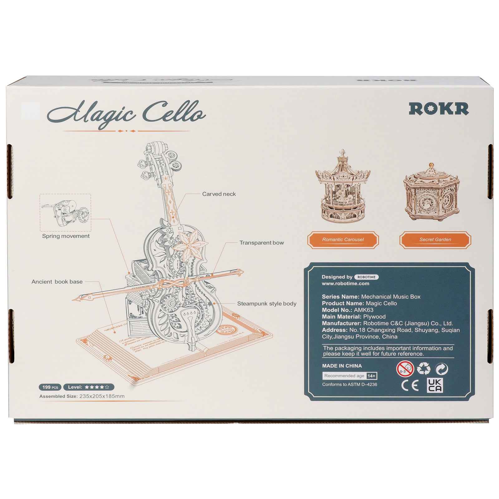 Achterkant verpakking van de Robotime Magic Cello, houten bouwpakket van een muziekdoosje in de vorm van een cello