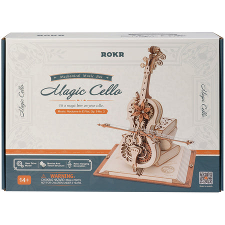 Voorkant verpakking van de Robotime Magic Cello, houten bouwpakket van een muziekdoosje in de vorm van een cello