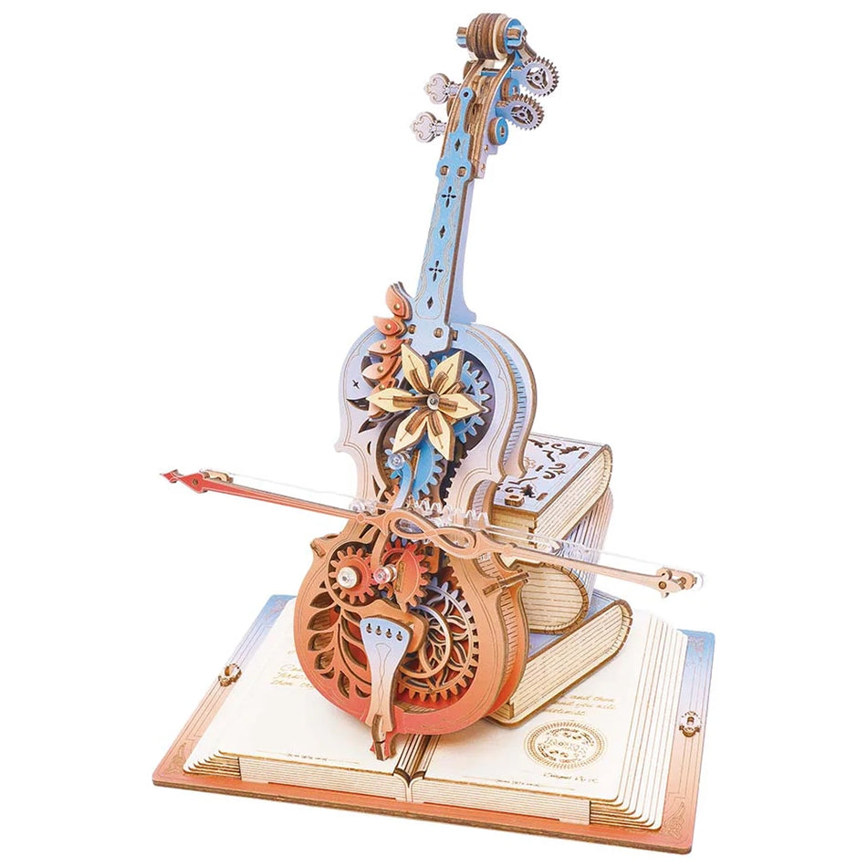 Productfoto van de Robotime Magic Cello - Symphony of Gorgeous Dreams, houten bouwpakket van een muziekdoos in de vorm van een bewegende, gekleurde cello