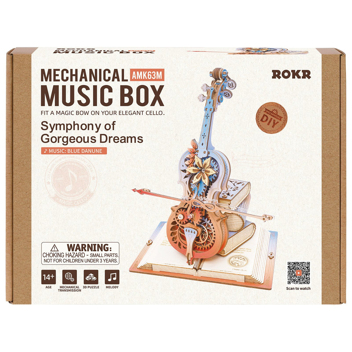 Voorkant verpakking van de Robotime Magic Cello - Symphony of Gorgeous Dreams, houten bouwpakket van een muziekdoos in de vorm van een bewegende, gekleurde cello