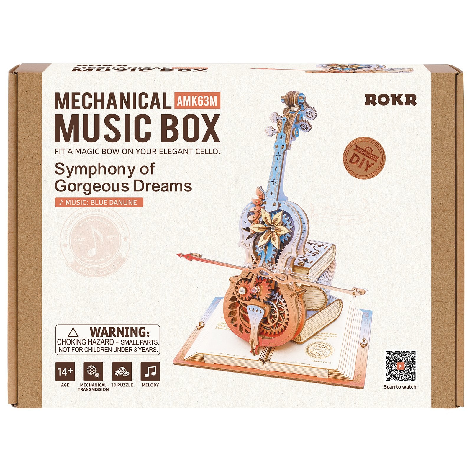 Voorkant verpakking van de Robotime Magic Cello - Symphony of Gorgeous Dreams, houten bouwpakket van een muziekdoos in de vorm van een bewegende, gekleurde cello