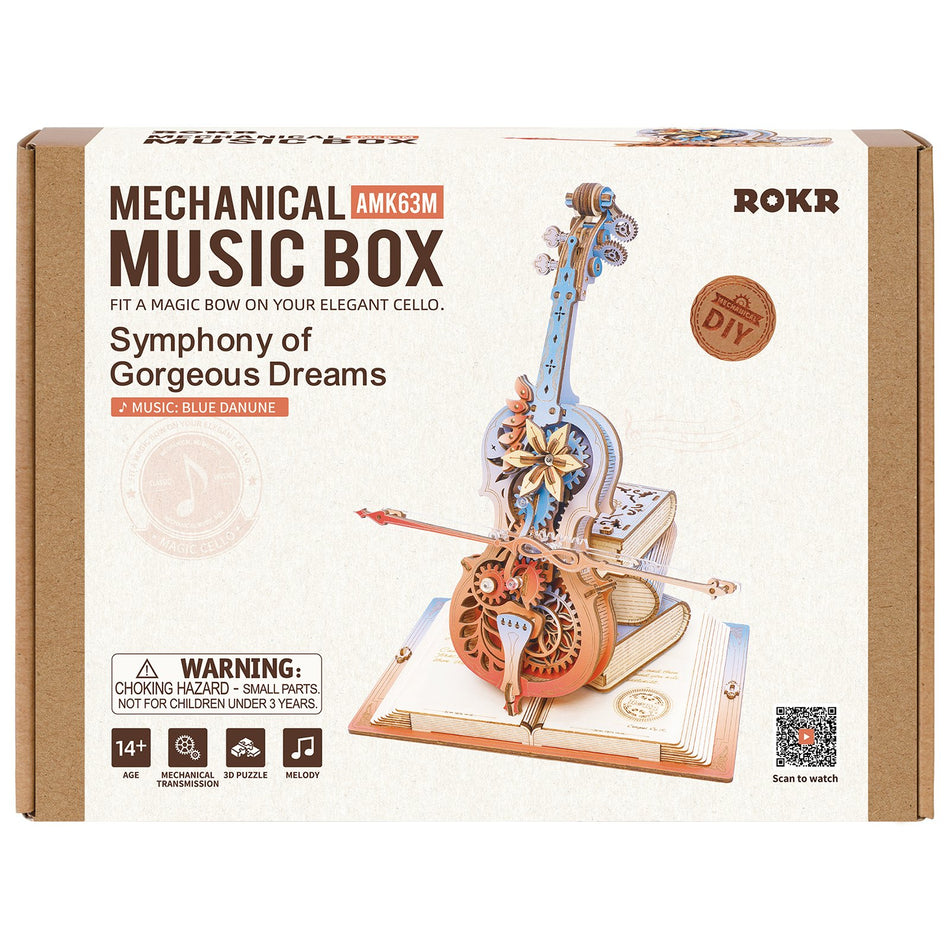 Voorkant verpakking van de Robotime Magic Cello - Symphony of Gorgeous Dreams, houten bouwpakket van een muziekdoos in de vorm van een bewegende, gekleurde cello