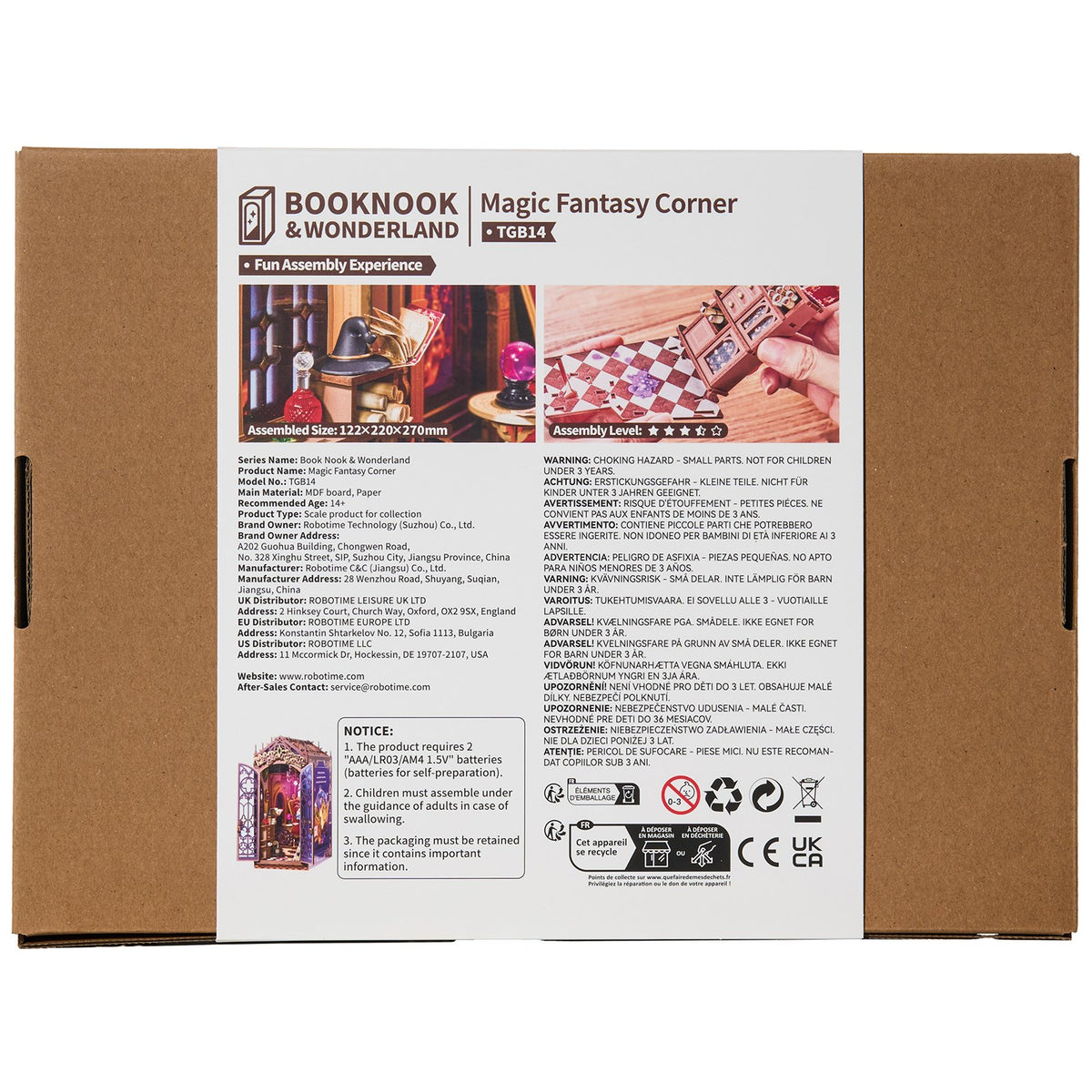 Achterkant verpakking van de Robotime Magic Fantasy Corner, book nook bouwpakket van een kleine woonkamer in fantasy-stijl 