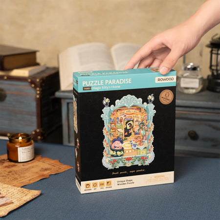 Sfeervolle presentatie van verpakking van de Robotime Magic Kitty’s Home