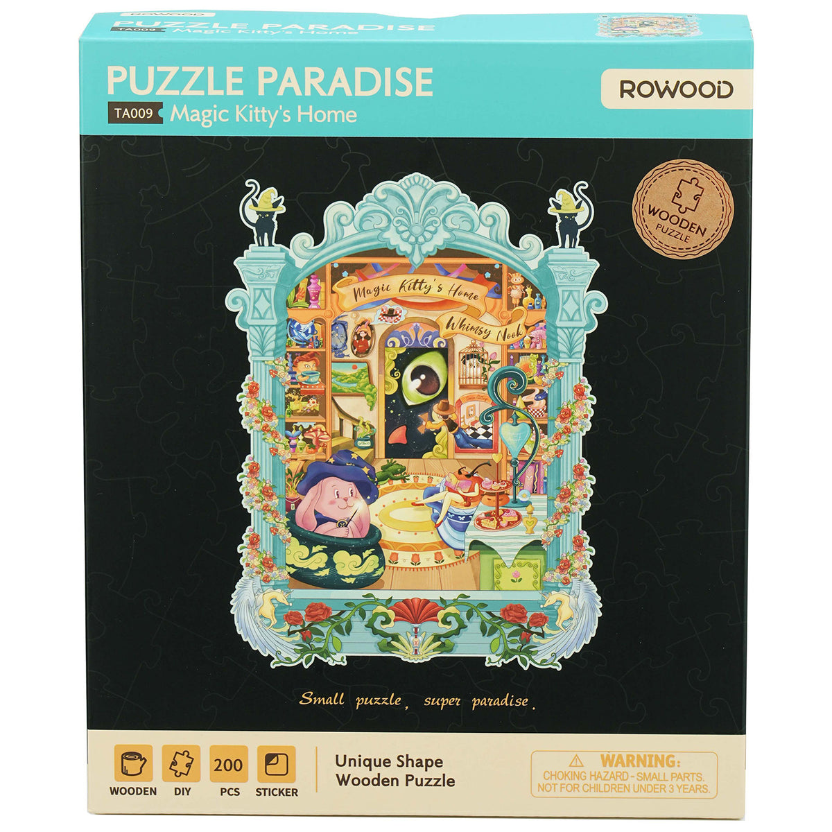 Voorkant verpakking van de Robotime Magic Kitty’s Home, legpuzzel van 200 bijzondere stukjes van een drukke kamer met veel artistieke details en lichtblauwe lijst