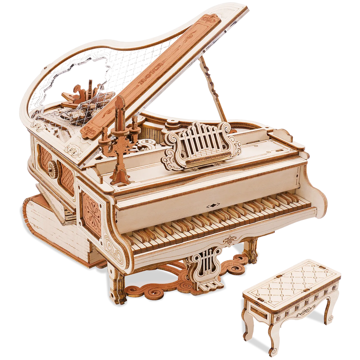 Productfoto van de Robotime Magic Piano, houten bouwpakket van een muziekdoosje in de vorm van een piano