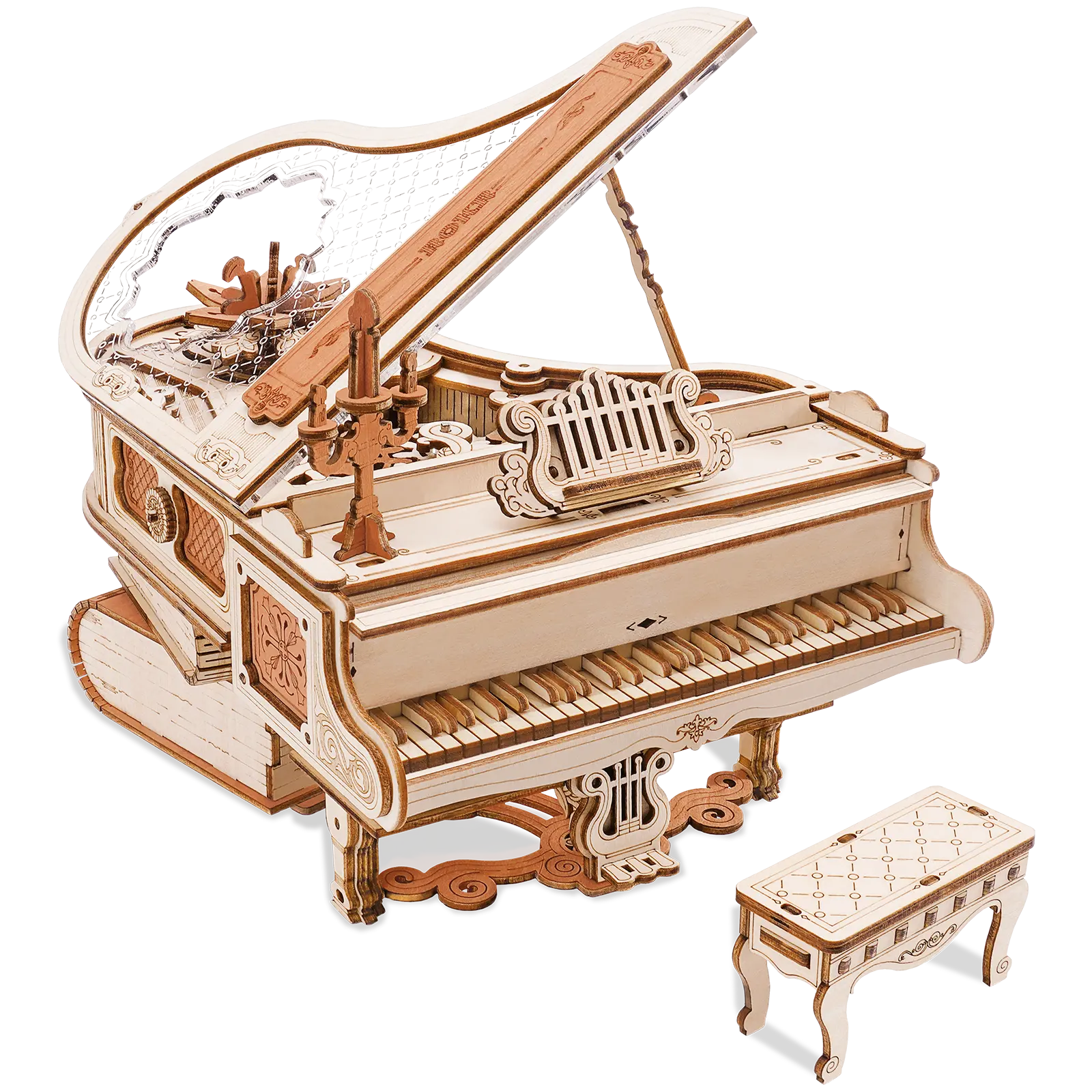 Productfoto van de Robotime Magic Piano, houten bouwpakket van een muziekdoosje in de vorm van een piano