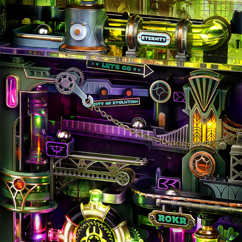Details van het bovenste gedeelte van de Robotime Marble Run Alchemy City