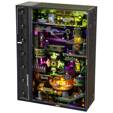 Productfoto van de Robotime Marble Run Alchemy City, groen en paarse kunststof knikkerbaan met een futuristisch thema