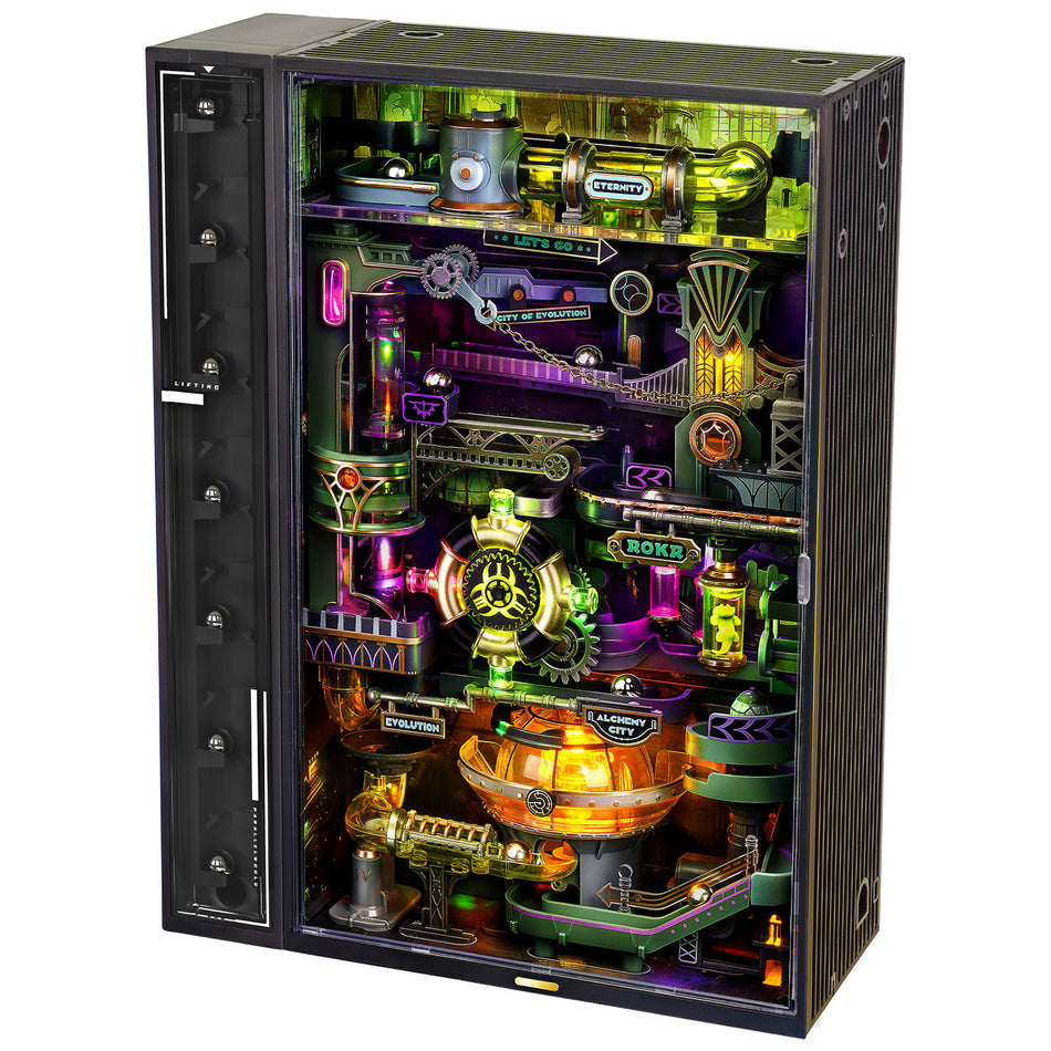 Productfoto van de Robotime Marble Run Alchemy City, groen en paarse kunststof knikkerbaan met een futuristisch thema