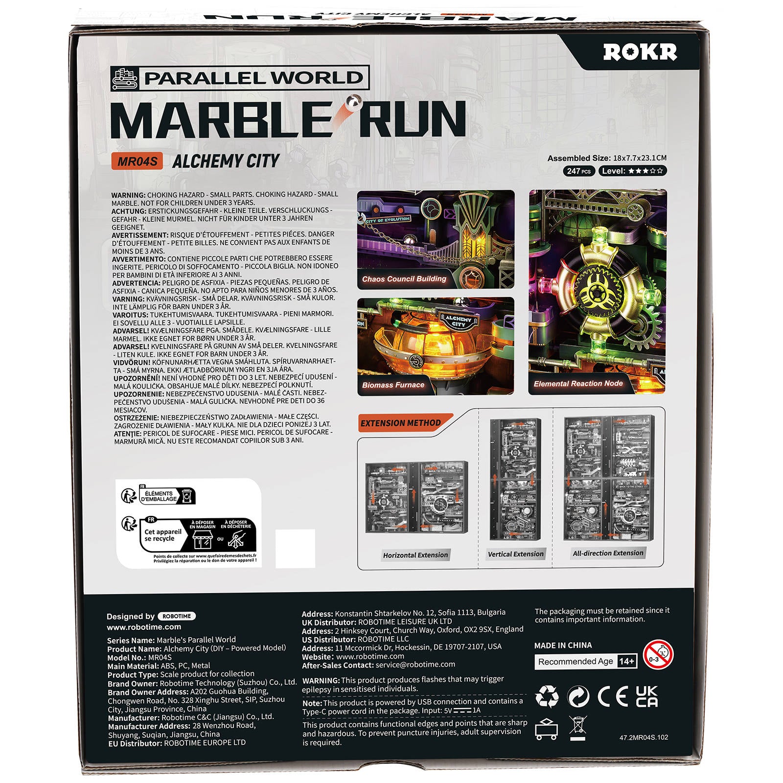 Achterkant verpakking van de Robotime Marble Run Alchemy City, groen en paarse kunststof knikkerbaan met een futuristisch thema