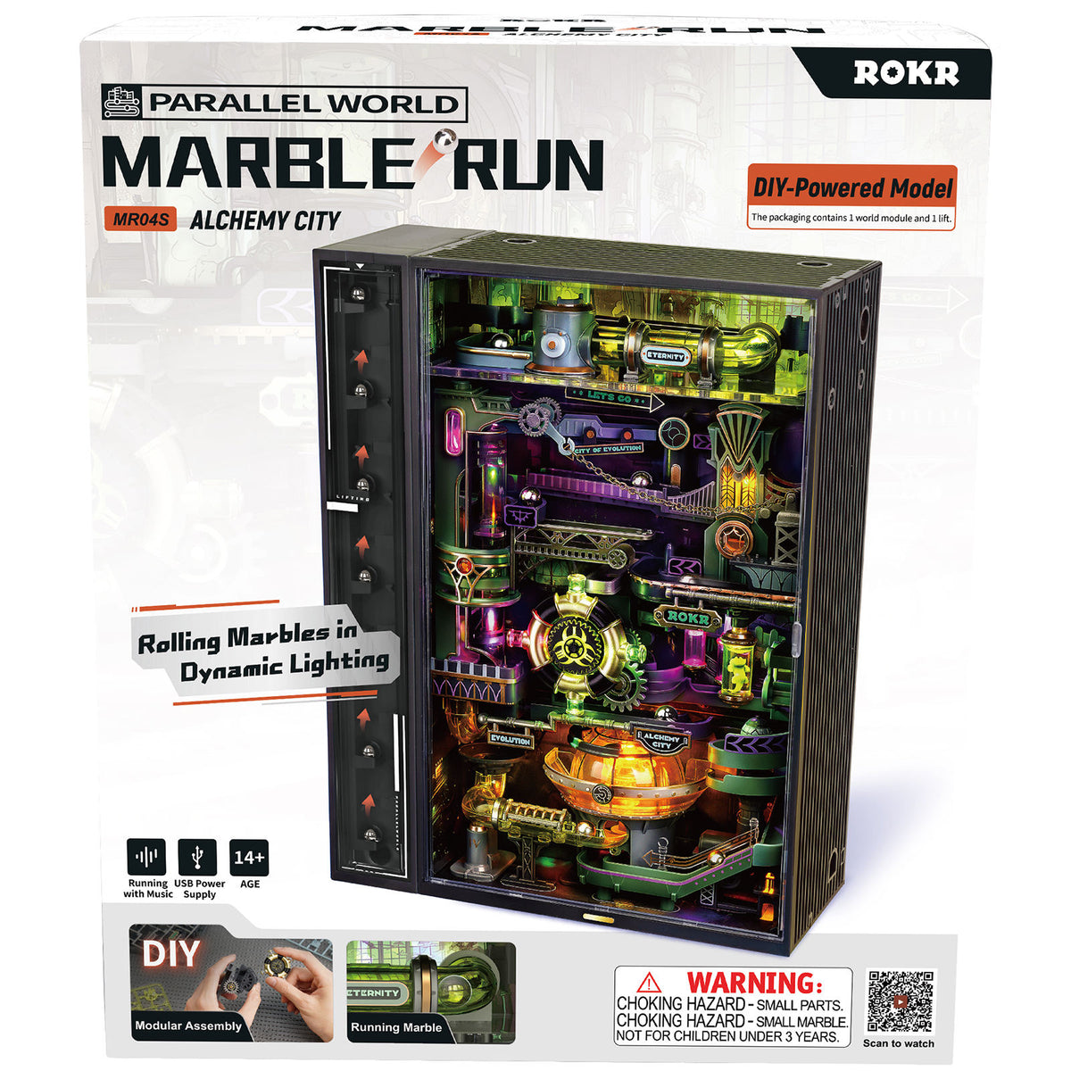 Voorkant verpakking van de Robotime Marble Run Alchemy City, groen en paarse kunststof knikkerbaan met een futuristisch thema