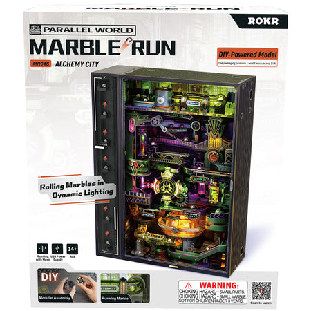 Voorkant verpakking van de Robotime Marble Run Alchemy City, groen en paarse kunststof knikkerbaan met een futuristisch thema