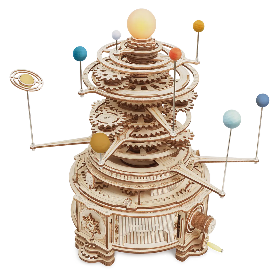 Productfoto van de Robotime Mechanical Orrery, mechanische houten modelbouw van een zonnestelsel