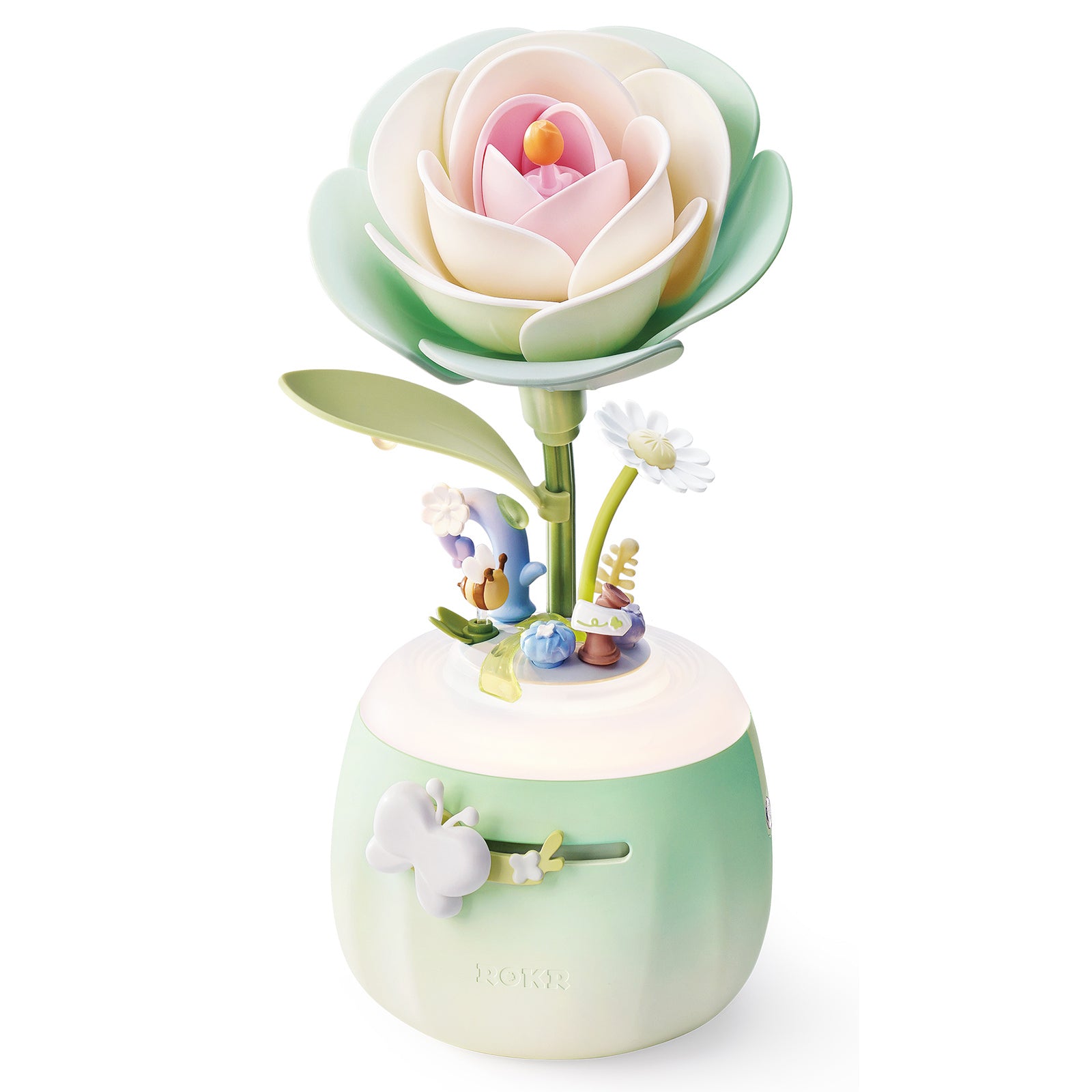 Productfoto van de Robotime Minty Camellia Lamp, kunststof bouwpakket van een zachtgroen en -roze nachtlampje in de vorm van een camellia
