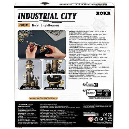 Achterkant verpakking van de Robotime Navi Lighthouse, modelbouwpakket van een vuurtoren in steampunk stijl