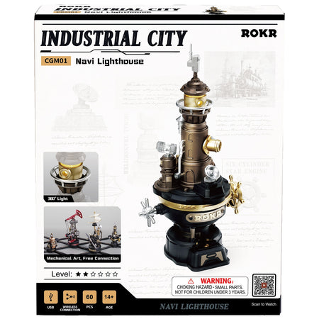 Voorkant verpakking van de Robotime Navi Lighthouse, modelbouwpakket van een vuurtoren in steampunk stijl