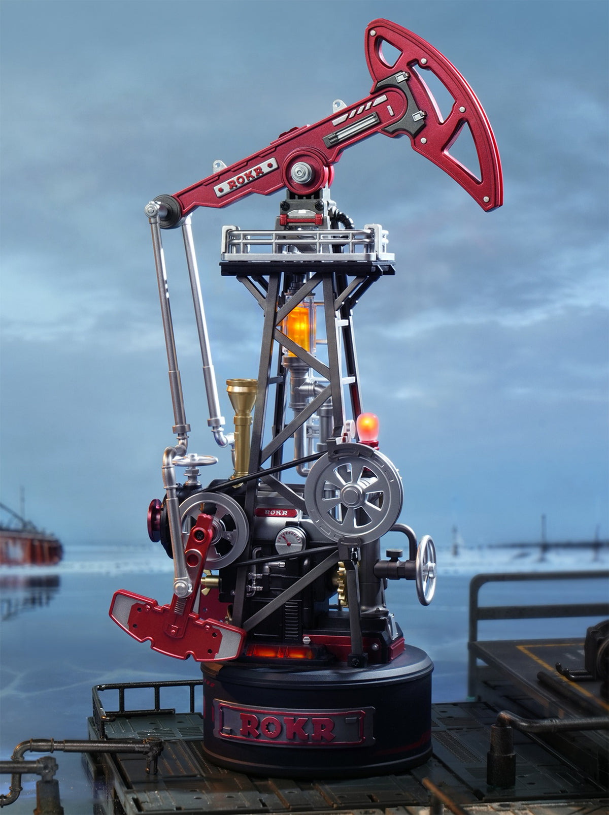 Sfeervolle presentatie van de Robotime Oil Extractor, modelbouwpakket van een jaknikker industriële oliepomp