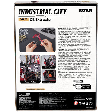 Achterkant verpakking van de Robotime Oil Extractor, modelbouwpakket van een jaknikker industriële oliepomp