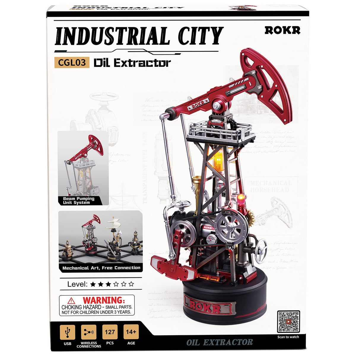 Voorkant verpakking van de Robotime Oil Extractor, modelbouwpakket van een jaknikker industriële oliepomp