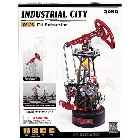 Voorkant verpakking van de Robotime Oil Extractor, modelbouwpakket van een jaknikker industriële oliepomp
