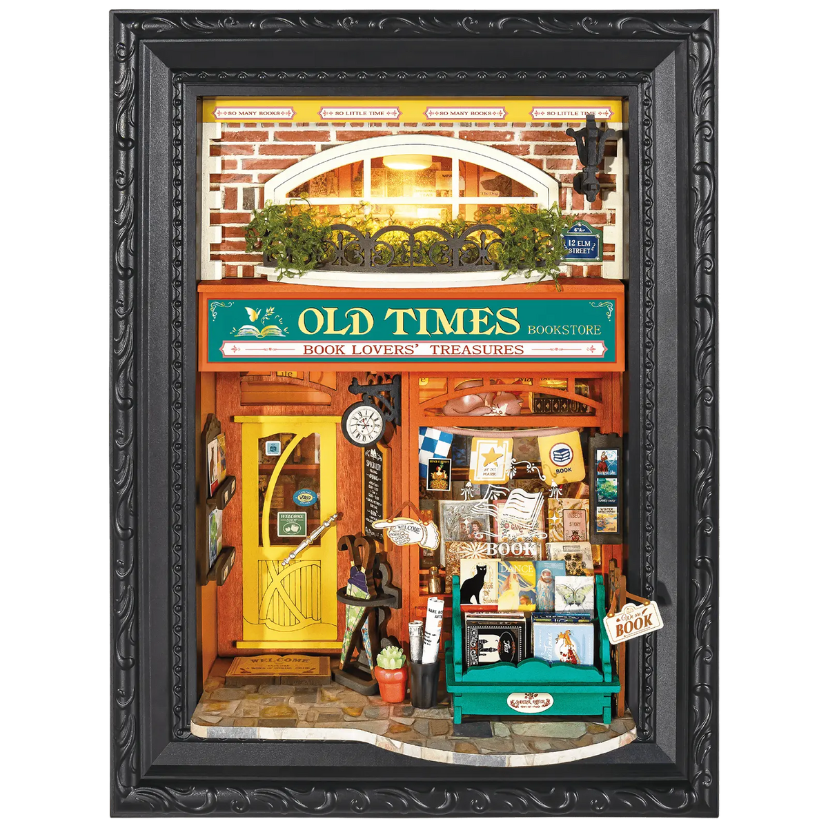 Productfoto van de Robotime Old Time Bookstore, diorama in een lijst van een ouderwets boekenwinkeltje