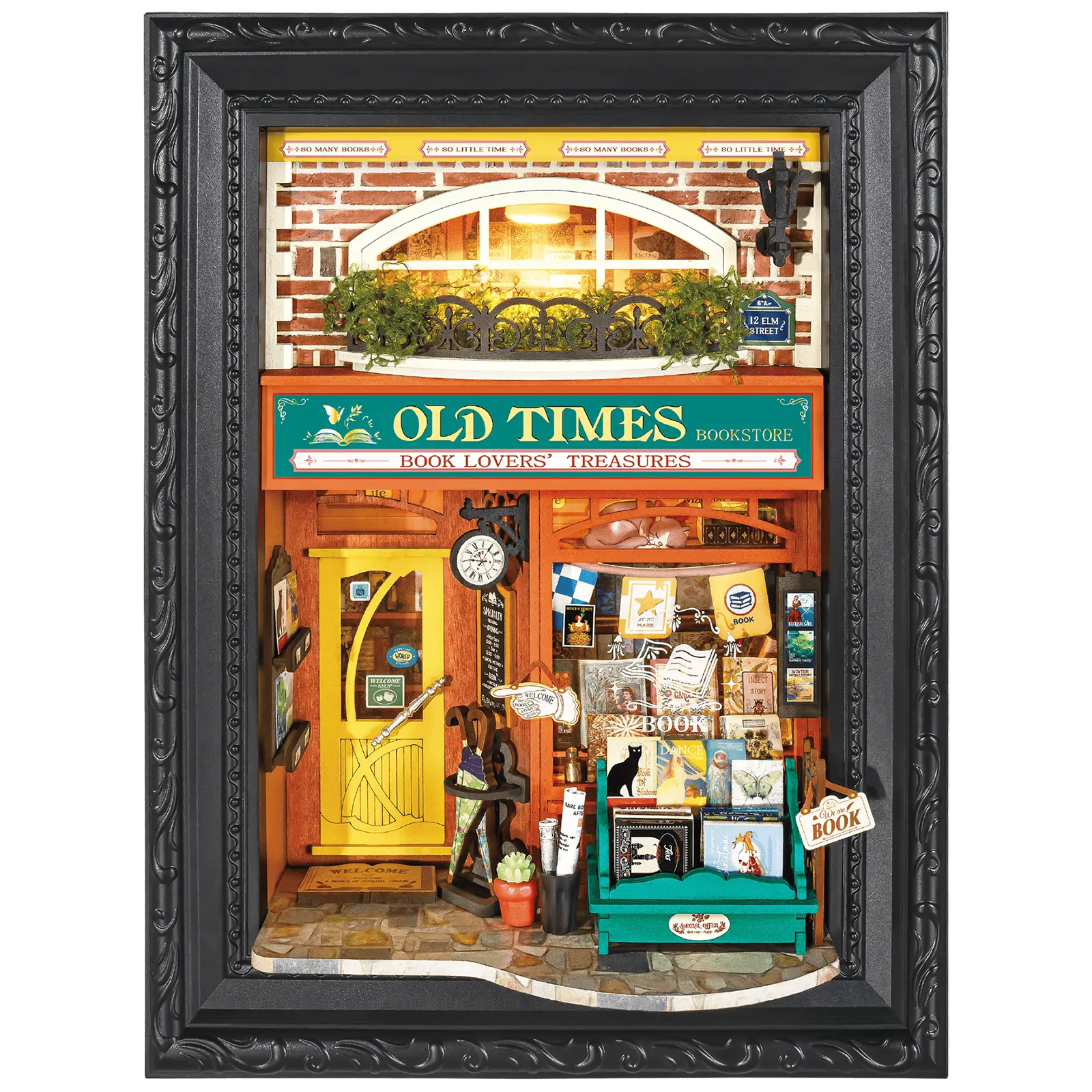 Productfoto van de Robotime Old Time Bookstore, diorama in een lijst van een ouderwets boekenwinkeltje