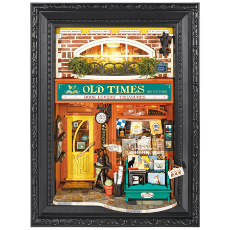 Productfoto van de Robotime Old Time Bookstore, diorama in een lijst van een ouderwets boekenwinkeltje