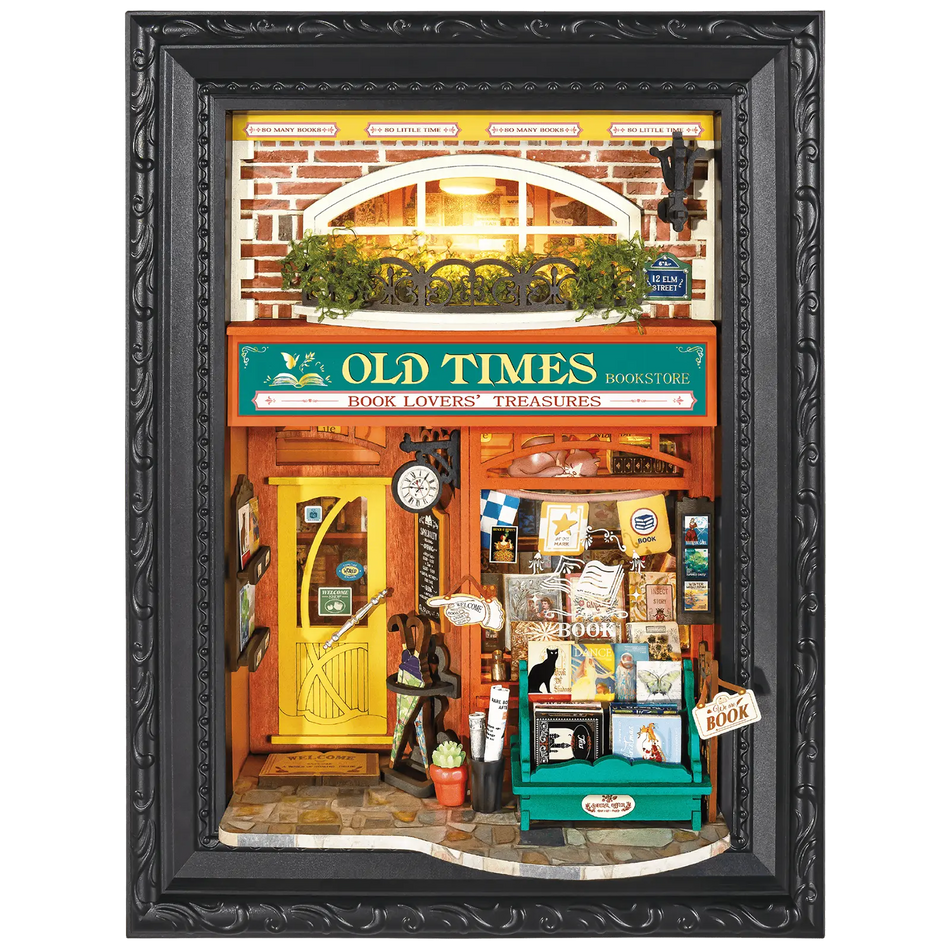Productfoto van de Robotime Old Time Bookstore, diorama in een lijst van een ouderwets boekenwinkeltje